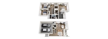 A top-down view of a two-story house with a garage and a living area.