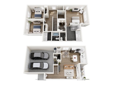 A top-down view of a two-story house with a garage and a living area.