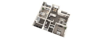 A 3D floor plan of a house with multiple rooms and furniture.