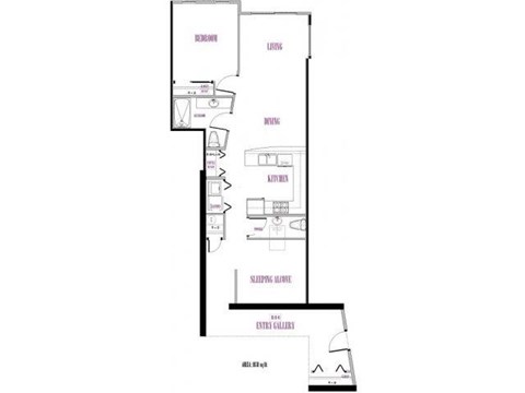 A floor plan of a house with a living room, dining room, kitchen, and bathrooms.