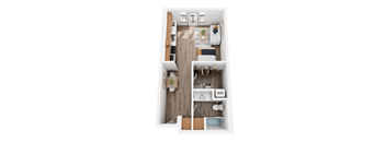 A top down view of a small apartment with a kitchen, living room and bathroom.