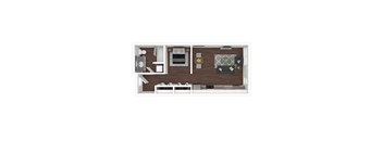 A top-down view of a living room with a couch, a coffee table, and a television.