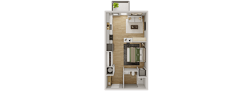 Full unit floor plan of a studio layout with kitchen and bathroom