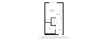 A floor plan of a small apartment with a living area, kitchen, bath, and entry.