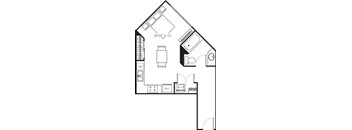A drawing of a house layout with a kitchen, bathroom, and living room.