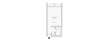 A drawing of a house plan with a balcony, bedroom, kitchen, bathroom, and closet.