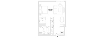A floor plan of a living area with a living room, dining room, kitchen, and bathrooms.