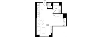 a floor plan of a house with a kitchen and a living room