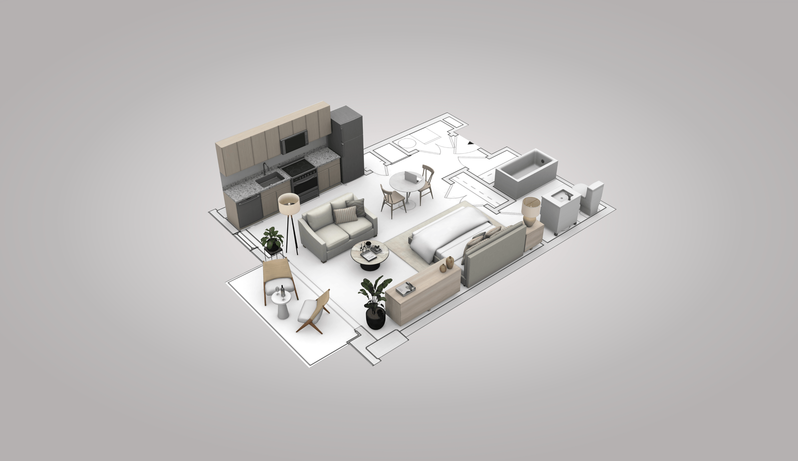 A 3D rendered image of a modern living room with furniture and decor.