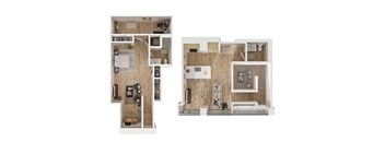 a stylized floor plan of a bedroom and living room
