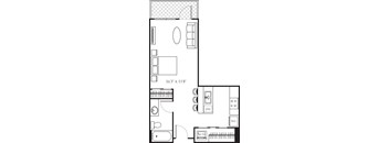 A floor plan of a small apartment with a kitchen, living room, and bathroom.
