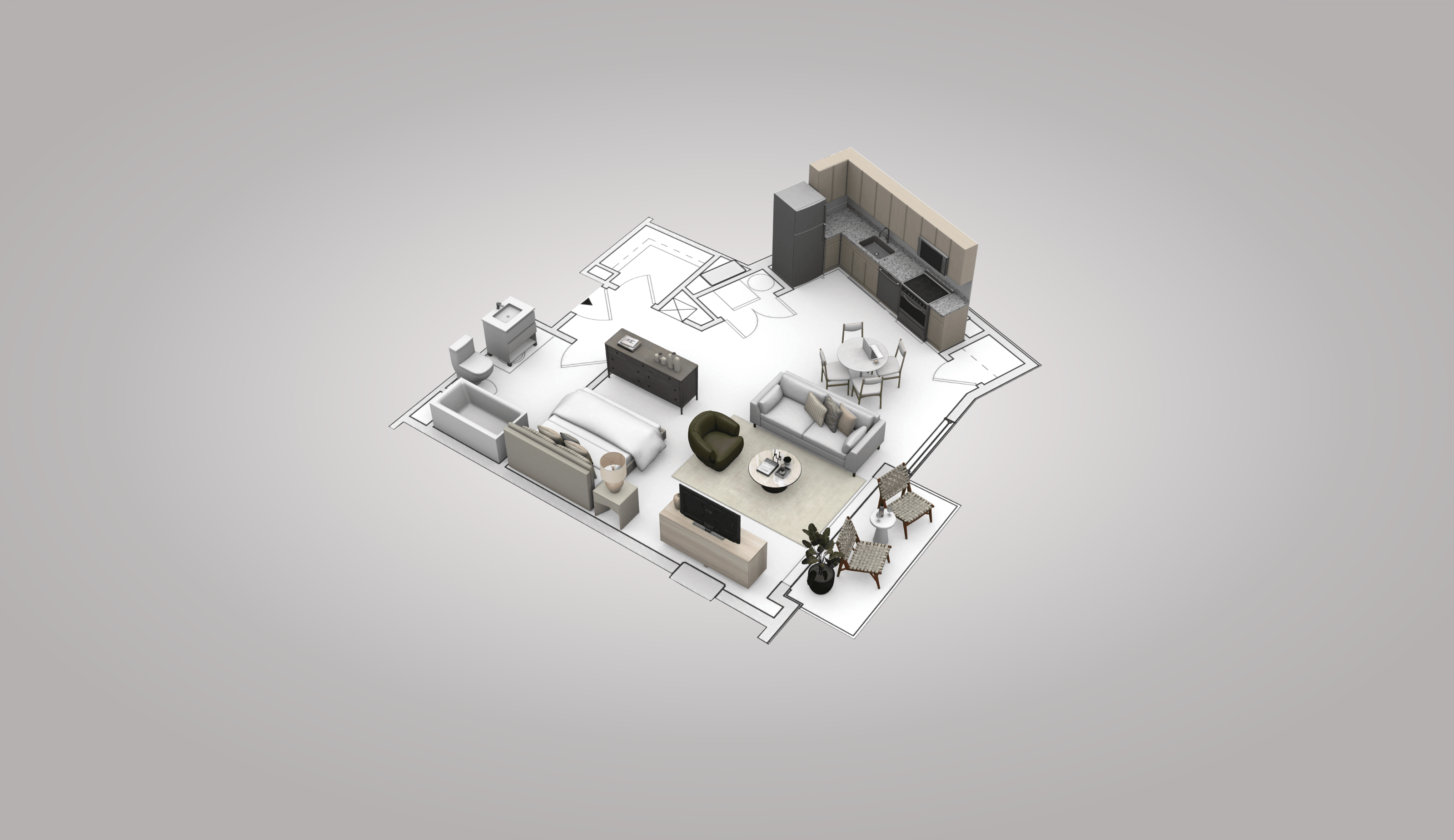 A 3D rendered image of a modern house layout.