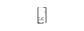 A floor plan of a room with a living area, a kitchen, a sleeping area and a bathroom.