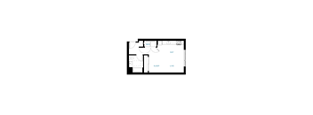 A floor plan of a room with a living area, a bedroom, and a bathroom.