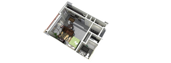 a 3d rendering of a micro apartment floor plan