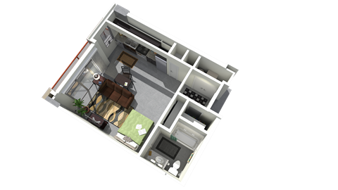 a 3d rendering of a micro apartment floor plan