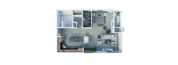 a 3d rendering of a 1 bedroom apartment with a bathroom and a living room