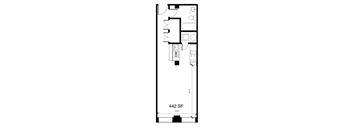 A floor plan of a 442 square foot room with a kitchenette and a bathroom.