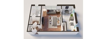 a floor plan of a one bedroom 1 bath apartment with a living room and dining room at Del Mor Apartments, Los Angeles, 90026