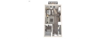 A floor plan of a studio apartment with a bed, desk, and kitchenette.