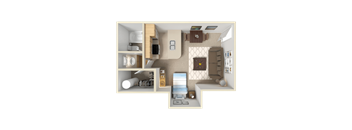 A 3D rendered image of a small apartment layout.