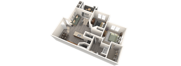 A 3D rendered image of a house layout.
