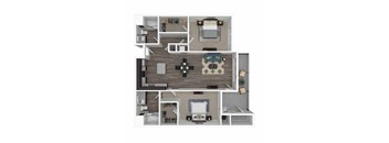 A top-down view of a small apartment with a living room, kitchen, and bathroom.
