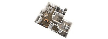 A 3D floor plan of a house with a kitchen, living room, and two bedrooms.