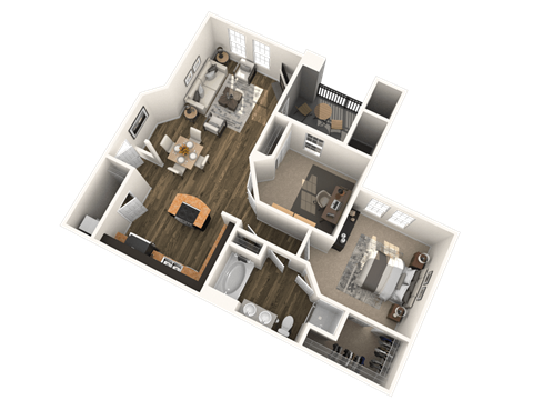 A 3D floor plan of a house with a kitchen, living room, and two bedrooms.