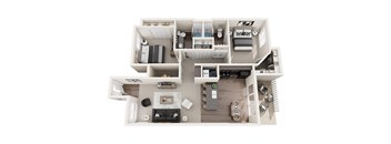 A top-down view of a modern apartment layout.