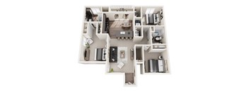 A floor plan of a house with a kitchen, living room, and two bedrooms.
