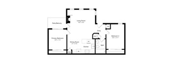 A floor plan of a home with a living room, two bedrooms, a dining room, kitchen, and bath.