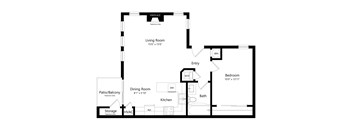 A floor plan of a home with a living room, dining room, kitchen, and bathroom.