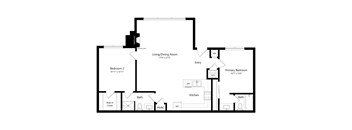 A floor plan of a home with a living/dining room, two bedrooms, a kitchen, and a bath.