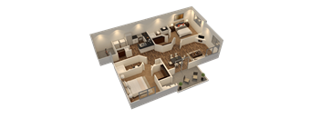 A 3D image of a house layout with a kitchen, living room, and bedrooms.