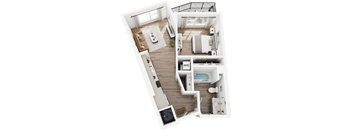 A top down view of a small apartment with a kitchen, living room, and bathroom.