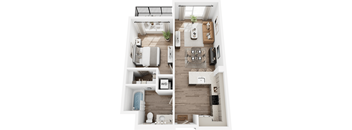 A series of four images showing a modern, minimalist apartment layout.