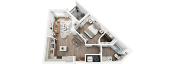 A top-down view of a well-organized apartment with a living room, kitchen, and bathroom.