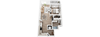 A top-down view of a small apartment with a living room, kitchen, and bathroom.