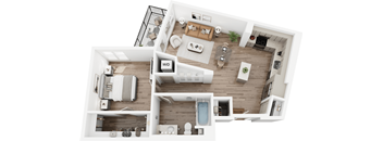 A top-down view of a modern apartment layout.