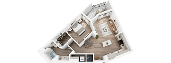 A top-down view of a well-organized apartment layout.