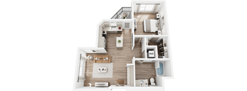A top-down view of a modern apartment layout with a kitchen, living room, and bathroom.