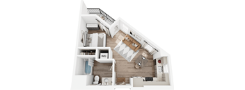 A top down view of a small apartment with a kitchen, living room, and bathroom.
