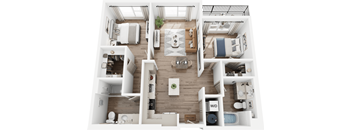 A top-down view of a small apartment with a kitchen, living room, and bathroom.