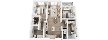 A top-down view of a well-organized, modern apartment layout.