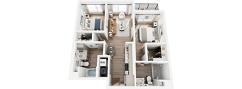 A top-down view of a well-organized apartment with a living room, kitchen, and bathroom.