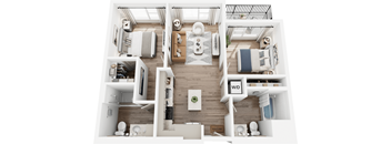 A top-down view of a well-organized apartment with a kitchen, living room, and bedroom.