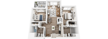 A top-down view of a well-organized apartment with a living room, kitchen, and bathroom.