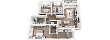 A white interior design layout of a house with a bedroom, living room, kitchen, and bathroom.