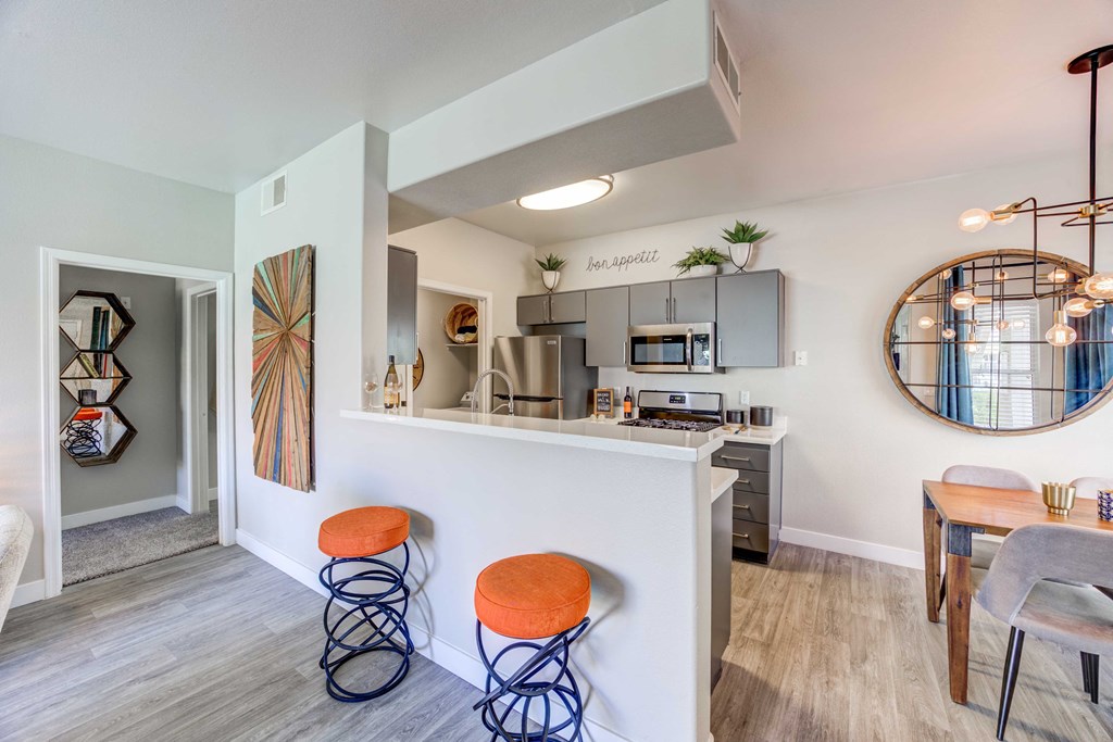 a kitchen and dining area